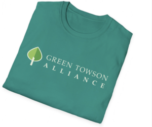Jade green folded t-shirt withGreen Towson Alliance logo on the front
